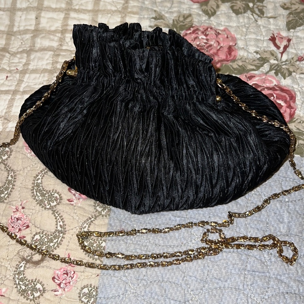 Vintage La Regale scrunch bucket evening bag black gold chain